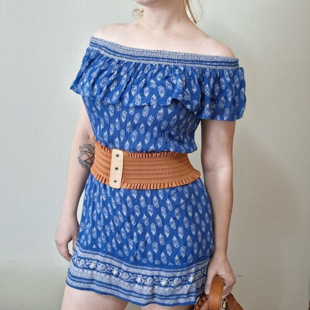 Royal Blue Paisley Ruffle Off Shoulder Mini Dress M